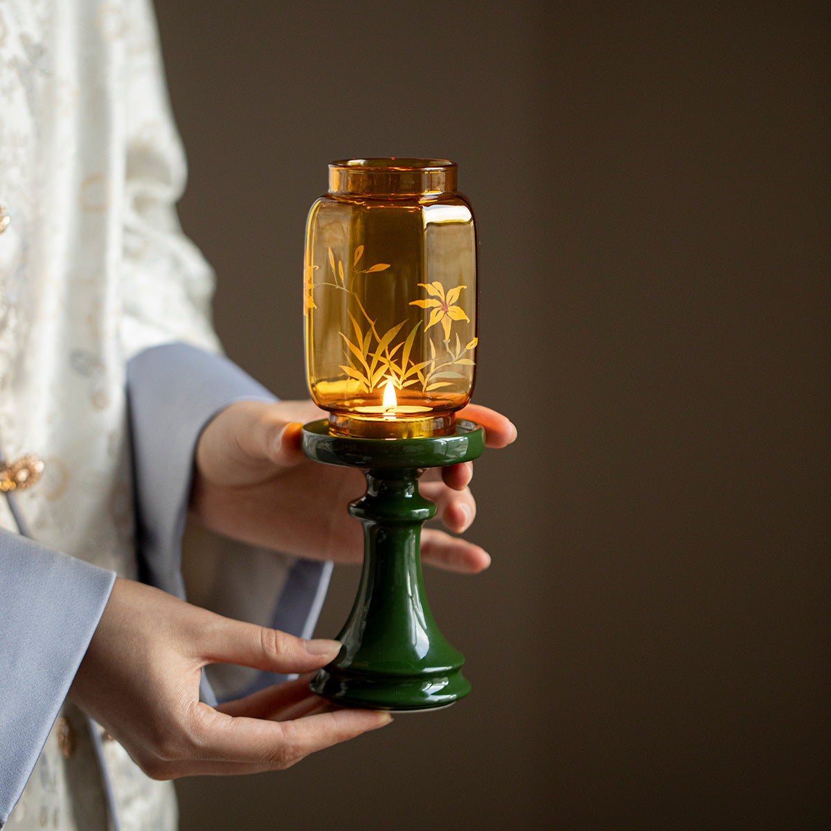 zensoullab Flowing Fragrance Golden Orchid Ming Qing Glass Candle Holder Lamp Zen Tea Room Atmosphere Lamp Home Floor Candle Lamp Decorative Ornament