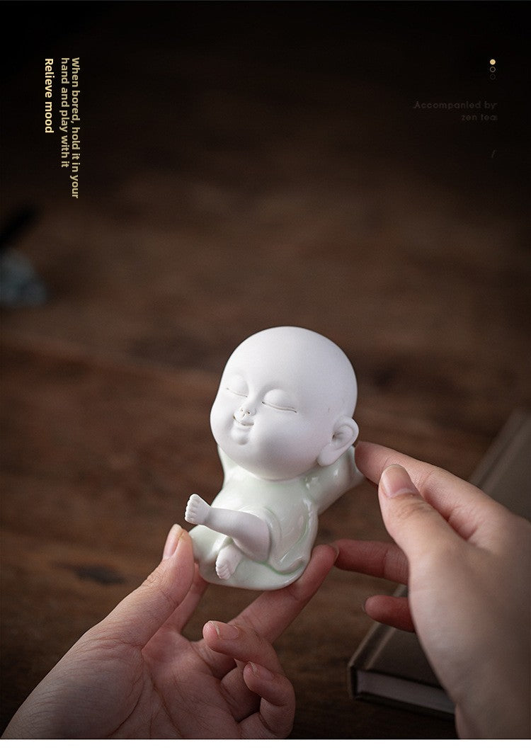 Zensoullab Cute Ceramic Monk Decoration Zen Decoration Fish Tank Landscape Celadon Samanera Tea Ornaments Tea Set Table-Top Decoration