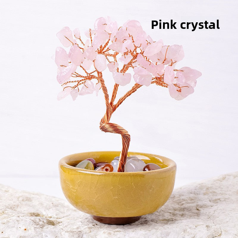 zensoullab Natural Yellow Crystal Wealth Tree Tea Cup Base Treasure Bowl Crystal Tree Crystal Money Tree Desktop Wealth-Attracting Ornament
