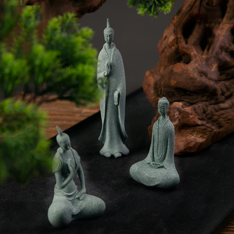 zensoullab Green Sandstone Northern Wei Dynasty Three Saints Buddha Statue Zen Carving Craftwork Tathagata Buddha Shakyamuni Desktop Tea Ceremony Ornament