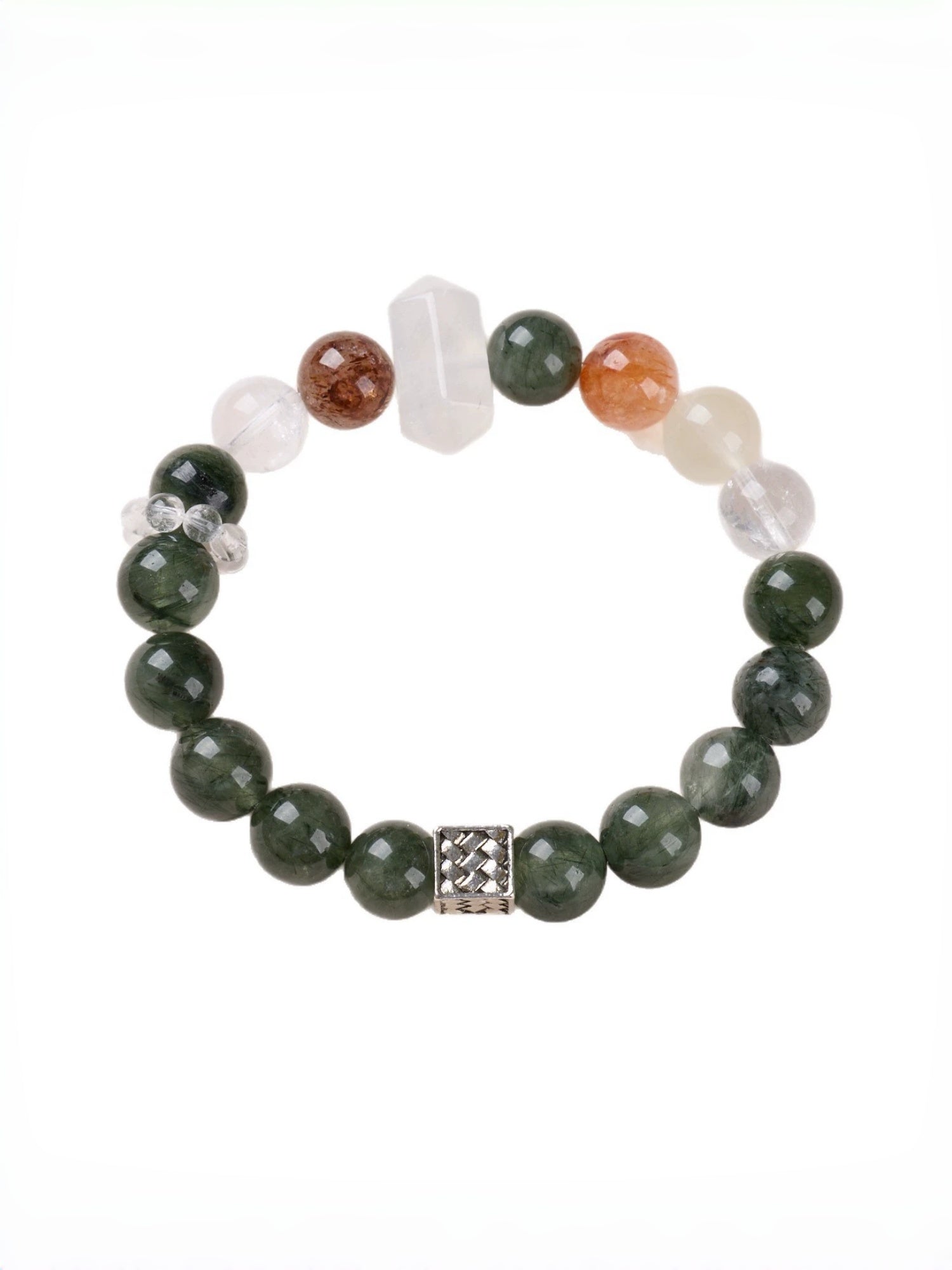 zensoullab Natural 10MM Green Rutilated Quartz Bracelet for Women Good Luck White Crystal Red Agate Flower Multi-Gemstone Crystal Bracelet