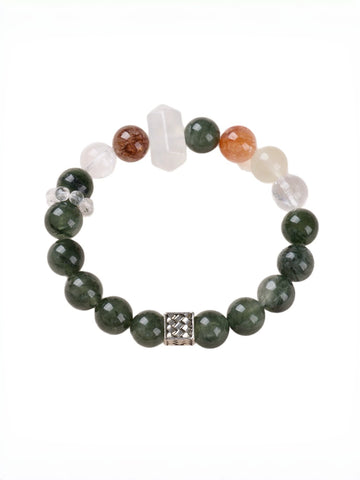 zensoullab Natural 10MM Green Rutilated Quartz Bracelet for Women Good Luck White Crystal Red Agate Flower Multi-Gemstone Crystal Bracelet