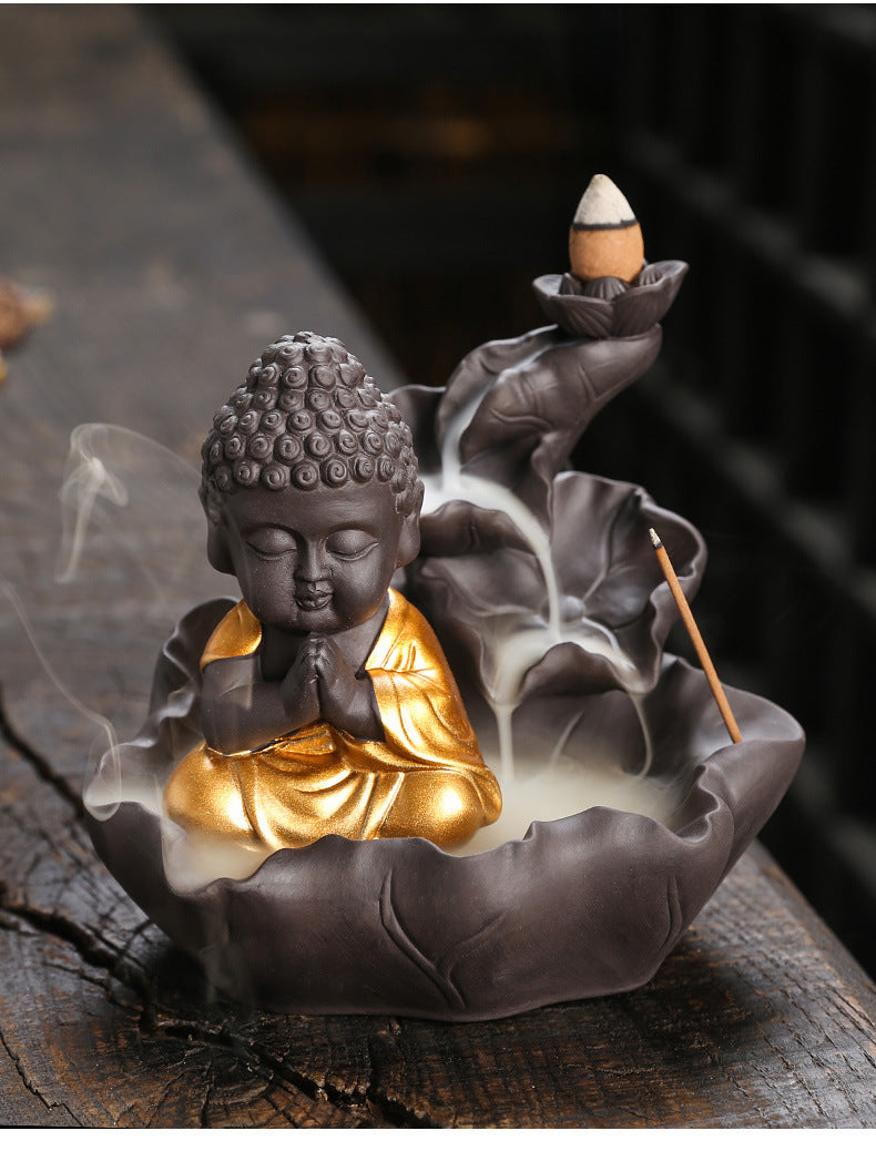 zensoullab Purple Clay Ceramic Backflow Incense Burner Crafts Creative Lotus Leaf Buddha Statue Small Novice Incense Burner Ornament