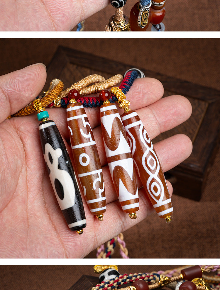 zensoullab Natural Tibetan Style Yellow Nine-Eyed Dzi Bead Necklace Multi-Totem Agate Pendant Couple Style Woven Necklace In Stock