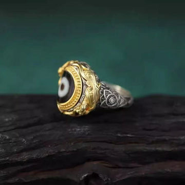zensoullab Tibetan Broken Bead One-Eye Dzi Bead Ring Tibetan Style Handmade Inlaid Elegant Ethnic Retro Unisex Open Ring