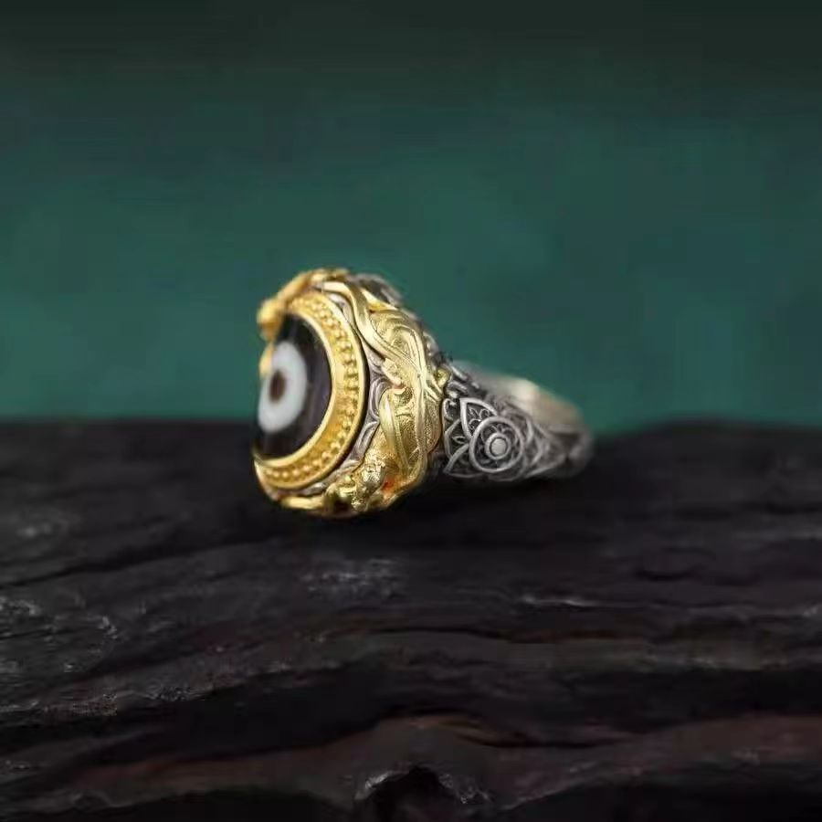 zensoullab Tibetan Broken Bead One-Eye Dzi Bead Ring Tibetan Style Handmade Inlaid Elegant Ethnic Retro Unisex Open Ring