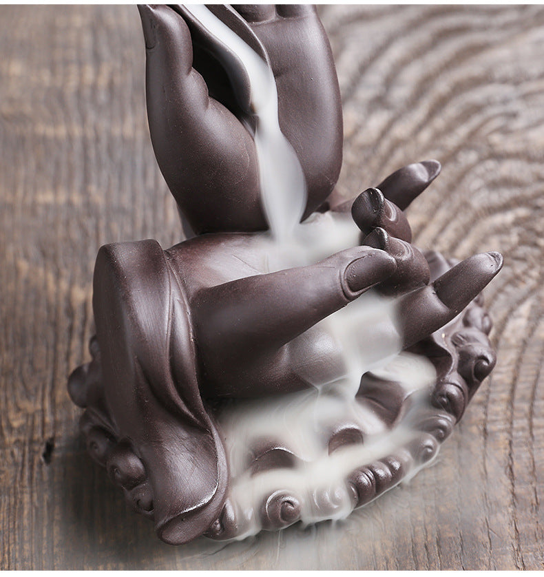 Purple Clay Backflow Incense Burner Indoor Home Incense Burner Creative Large Buddha Hand Backflow Aromatherapy Burner Gift Ornament