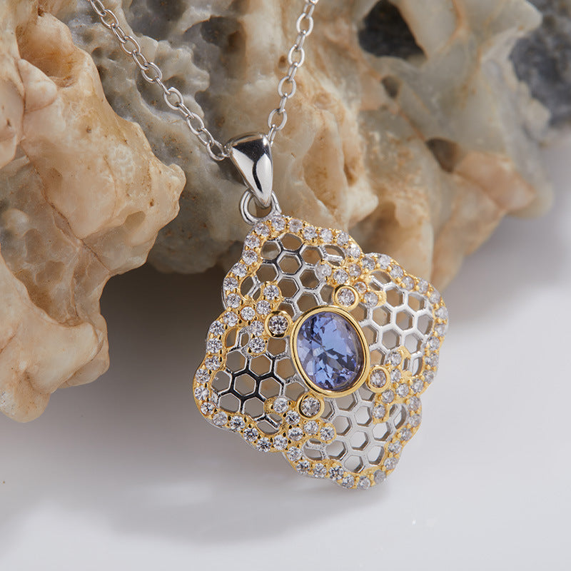 zensoullab Natural Tanzanite Hollow Pendant S925 Sterling Silver Necklace for Women Vintage Versatile Collarbone Chain Jewelry