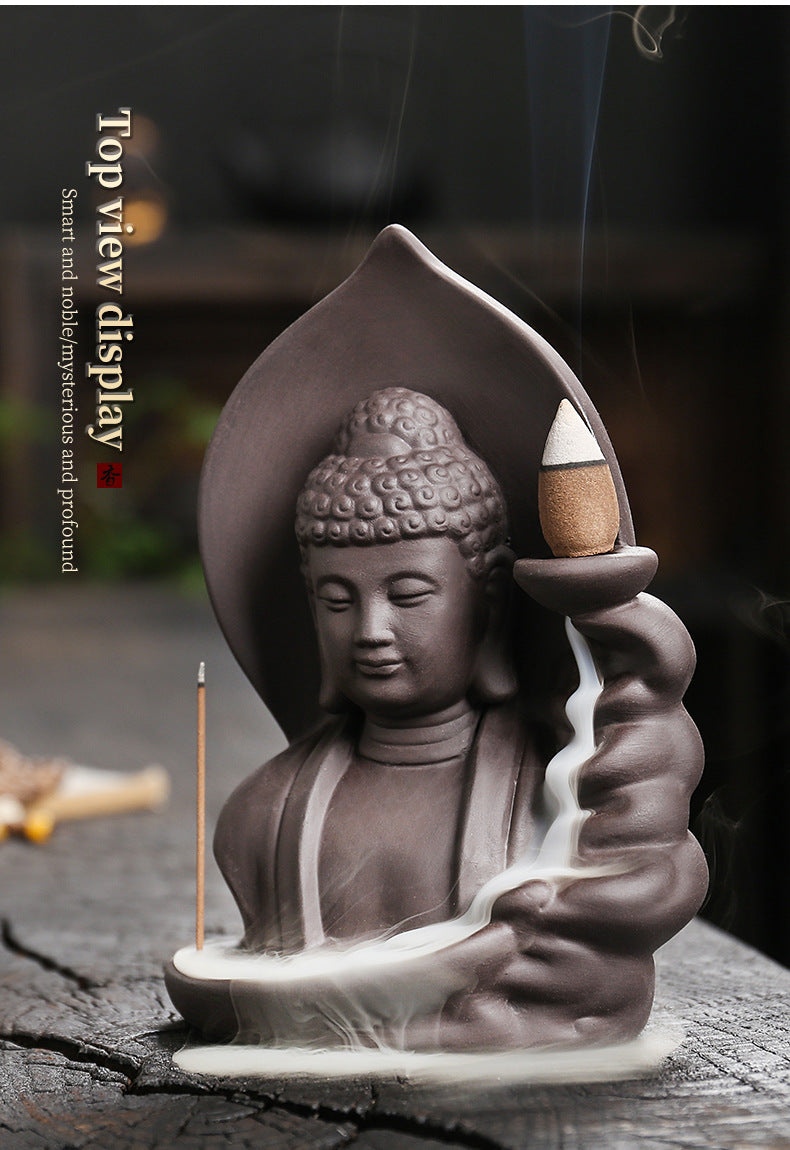zensoullab Purple Clay Buddha Backflow Incense Burner Creative Lotus Leaf Buddha Backflow Sandalwood Incense Burner Craft
