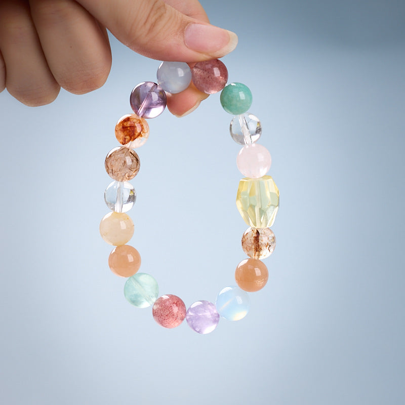 zensoullab Natural 10MM Rainbow Multi-Gemstone Crystal Bracelet Yellow Crystal Red Agate Flower Aquamarine High-End Crystal Bracelet