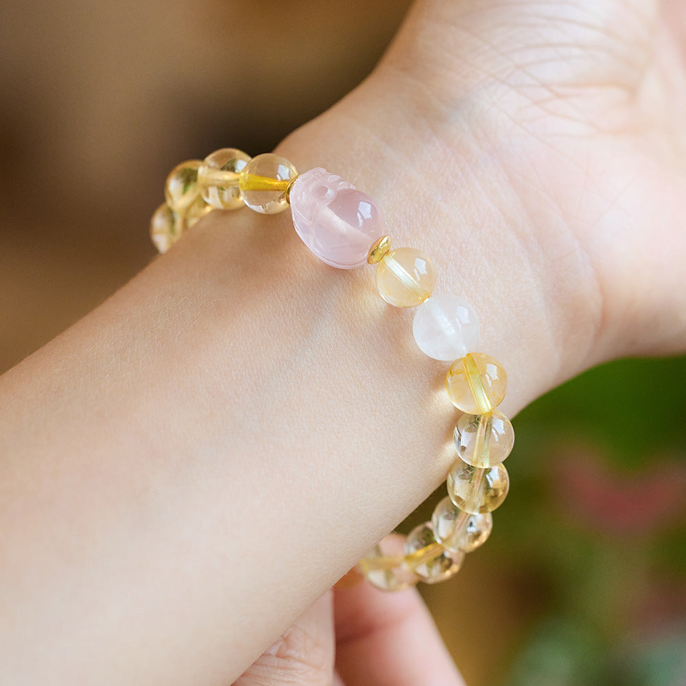 zensoullab Natural Yellow Crystal Pixiu Bracelet for Women, Wealth-Boosting Pink Crystal Bracelet