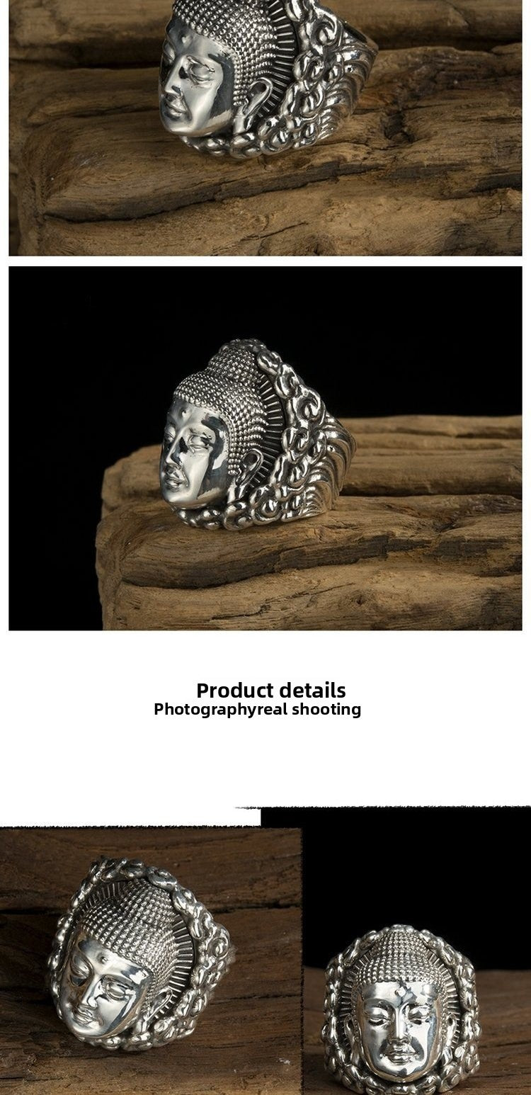 zensoullab Ethnic Style Thai Silver Amitabha Buddha Ring Vintage Great Sun Tathagata Buddha Head Personality Ring