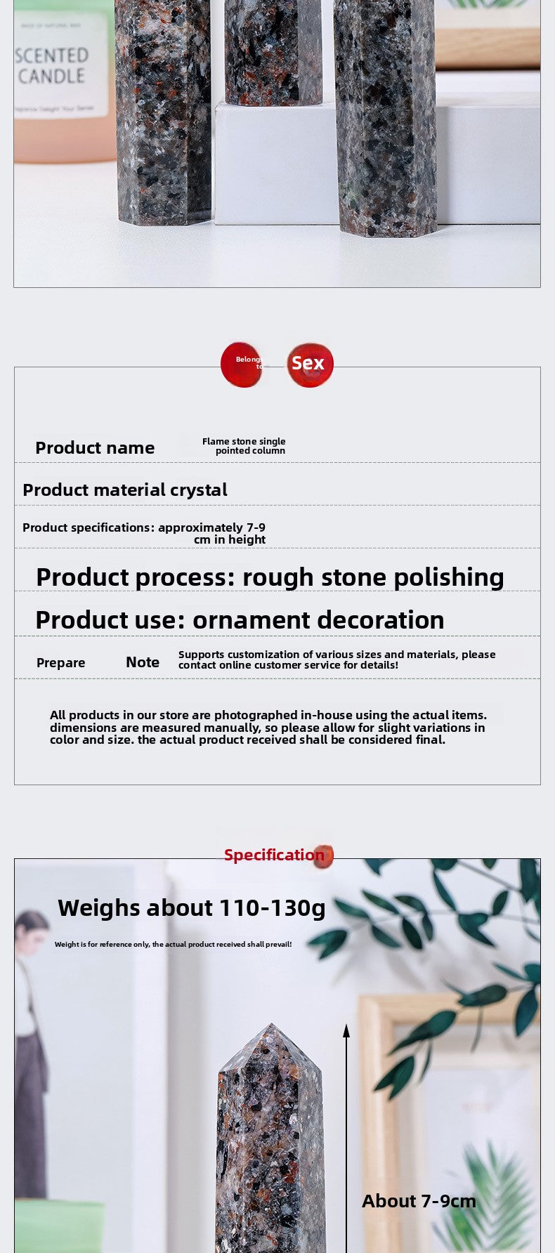 zensoullab Natural Crystal Flame Stone Hexagonal Column Fire Spirit Stone Raw Stone Polished Single Pointed Column Home Crystal Craft Ornament