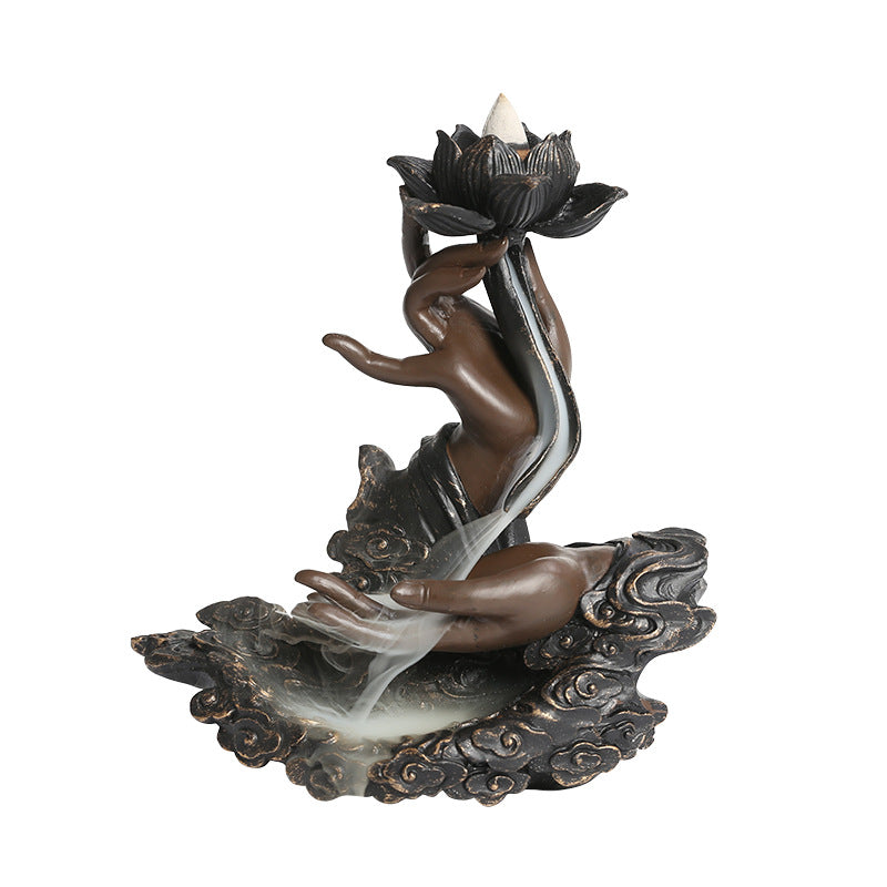 Resin Backflow Incense Burner Ornament Creative Lotus Zen Buddha Hand Backflow Incense Home Craft Decoration
