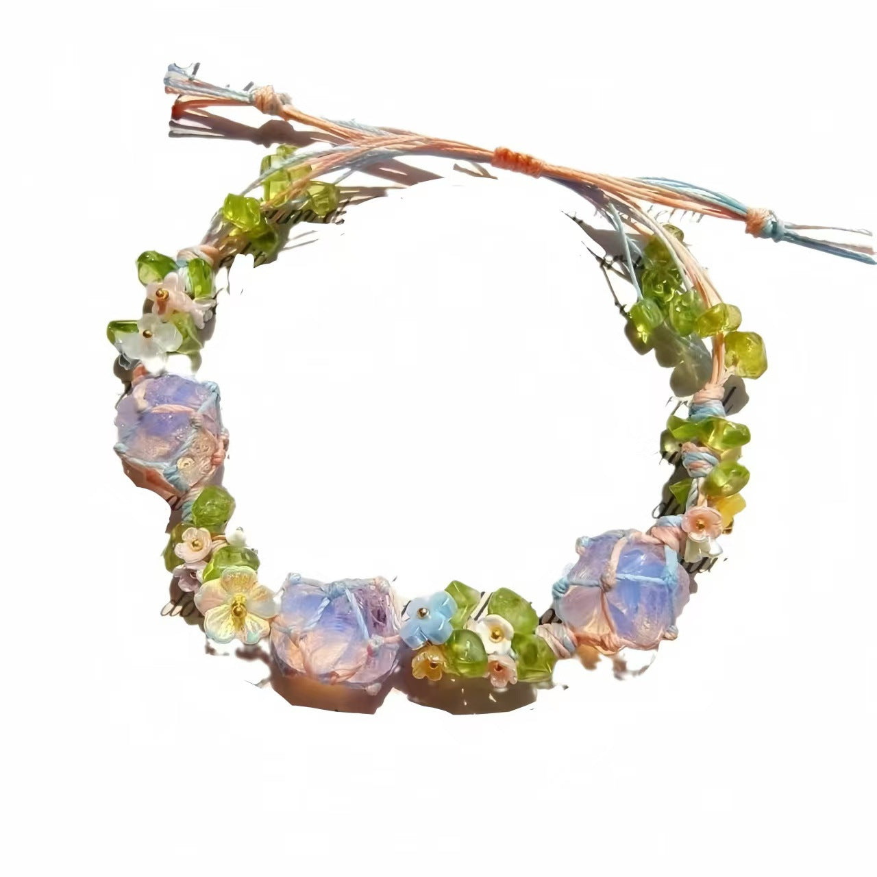 zensoullab Endless Summer Handwoven Protein Raw Stone Bracelet Net Pocket Hand Rope Pink Crystal Bracelet Lily of the Valley Jade
