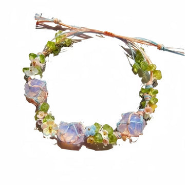 zensoullab Endless Summer Handwoven Protein Raw Stone Bracelet Net Pocket Hand Rope Pink Crystal Bracelet Lily of the Valley Jade