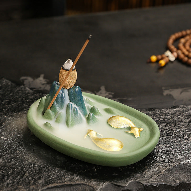Zensoullab Qianli Jiangshan Line Incense Burner Ceramic Multi-Functional Dual-Purpose Ceramic Incense Burner Double Cow Backflow Smoke Incense Burner Ceramic Incense