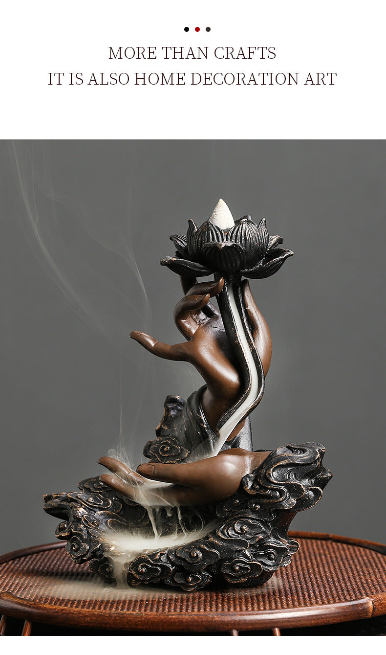 Resin Backflow Incense Burner Ornament Creative Lotus Zen Buddha Hand Backflow Incense Home Craft Decoration