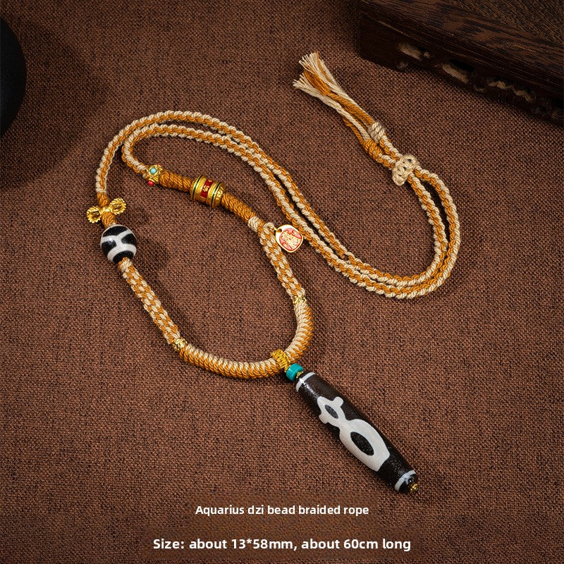 zensoullab Natural Tibetan Style Yellow Nine-Eyed Dzi Bead Necklace Multi-Totem Agate Pendant Couple Style Woven Necklace In Stock