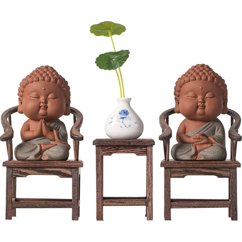 zensoullab Zen Purple Clay Small Buddha Figurine Cute Buddha Statue Chinese Style Home Tea Room Curio Shelf Tea Table Decoration