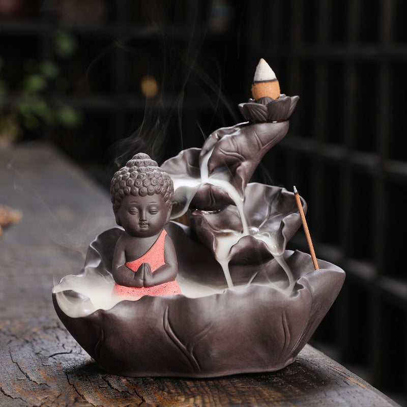 zensoullab Purple Clay Ceramic Backflow Incense Burner Crafts Creative Lotus Leaf Buddha Statue Small Novice Incense Burner Ornament