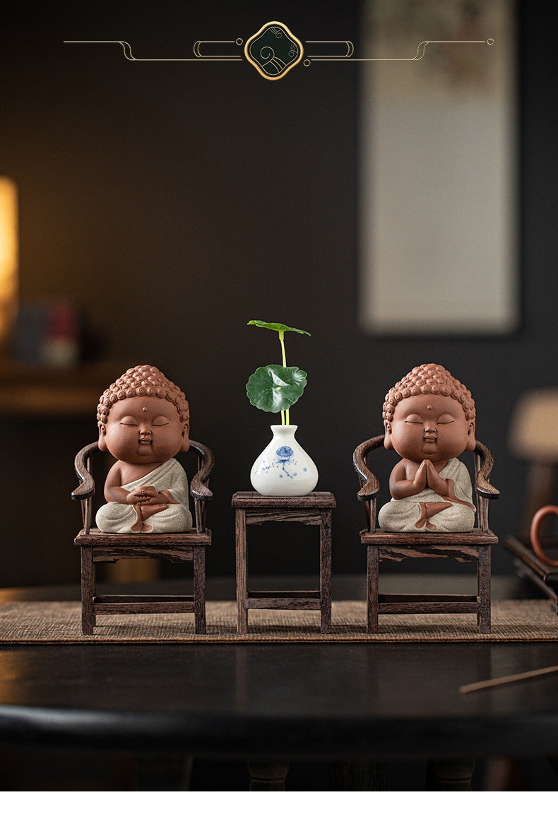zensoullab Zen Purple Clay Small Buddha Figurine Cute Buddha Statue Chinese Style Home Tea Room Curio Shelf Tea Table Decoration