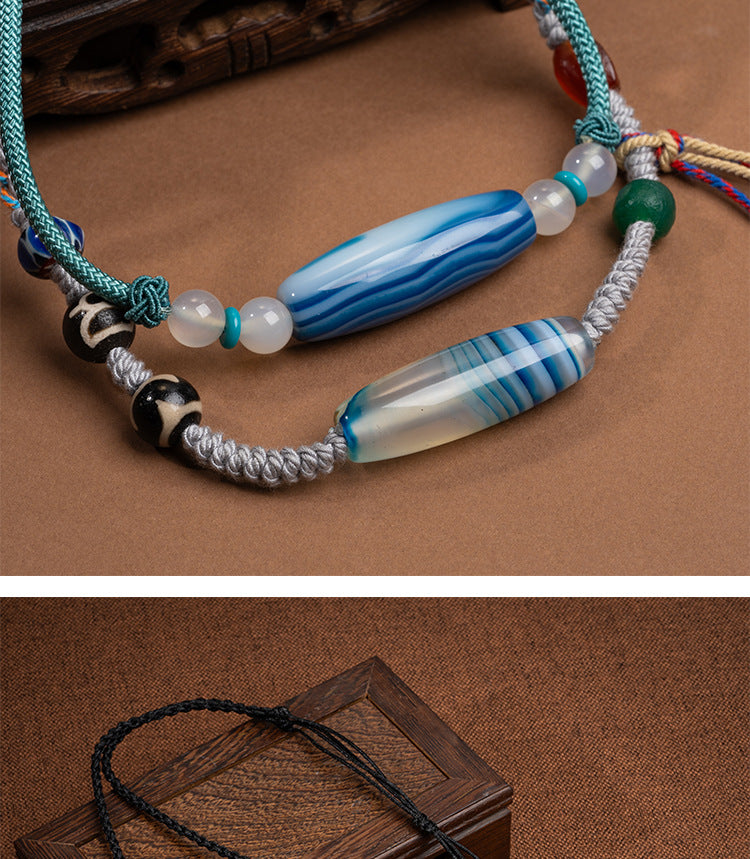 Zensoullab Natural Tibetan Lotus Master Three-Eye Multi-Totem Tibet Beads Necklace Agate Pendant Men's and Women's Woven Necklace in Stock