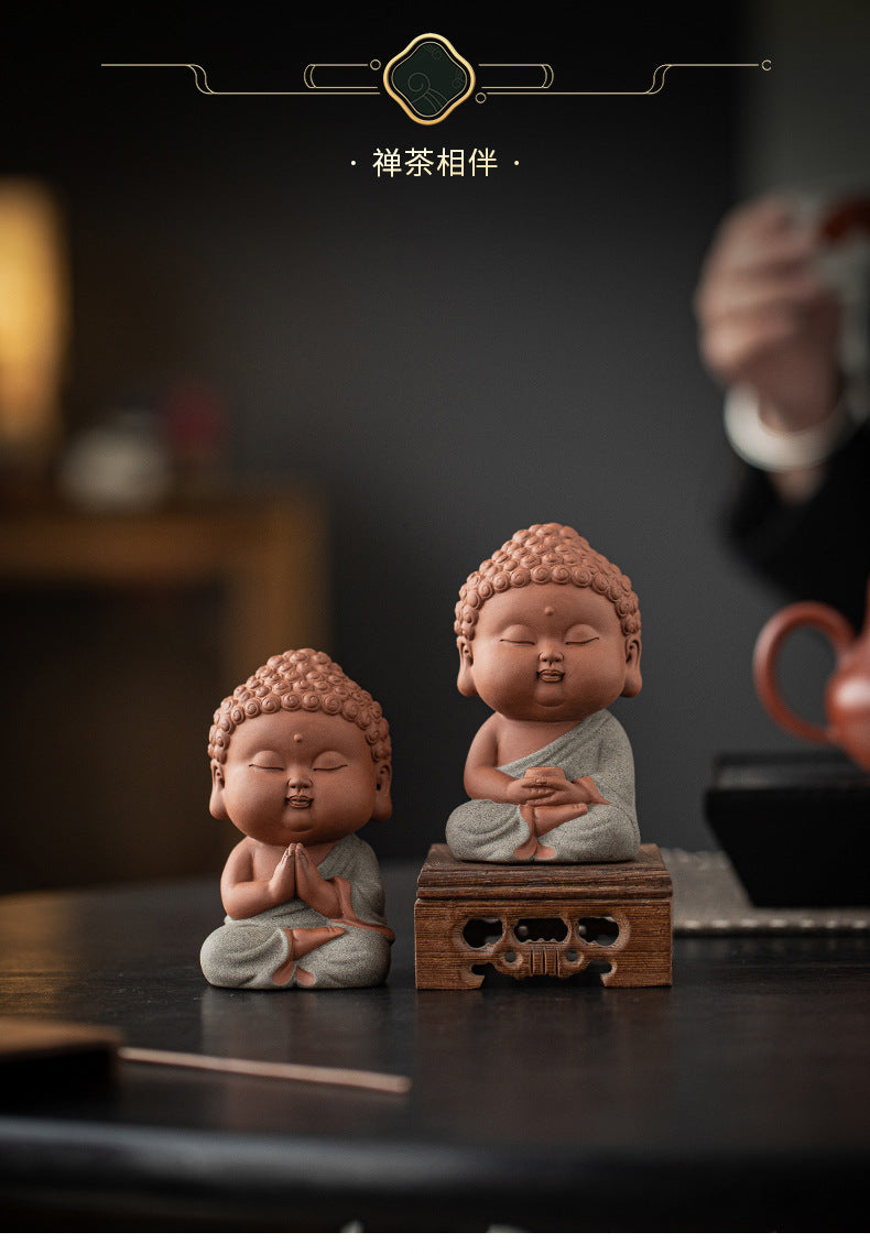 zensoullab Zen Purple Clay Small Buddha Figurine Cute Buddha Statue Chinese Style Home Tea Room Curio Shelf Tea Table Decoration