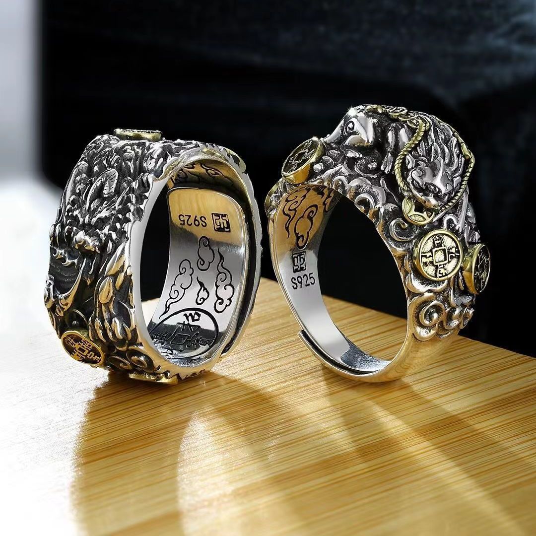 zensoullab Vintage Ethnic Style Domineering Men's Money Pixiu Cloud Ring Fashionable Personality Women's Retro Jewelry Couple Rings