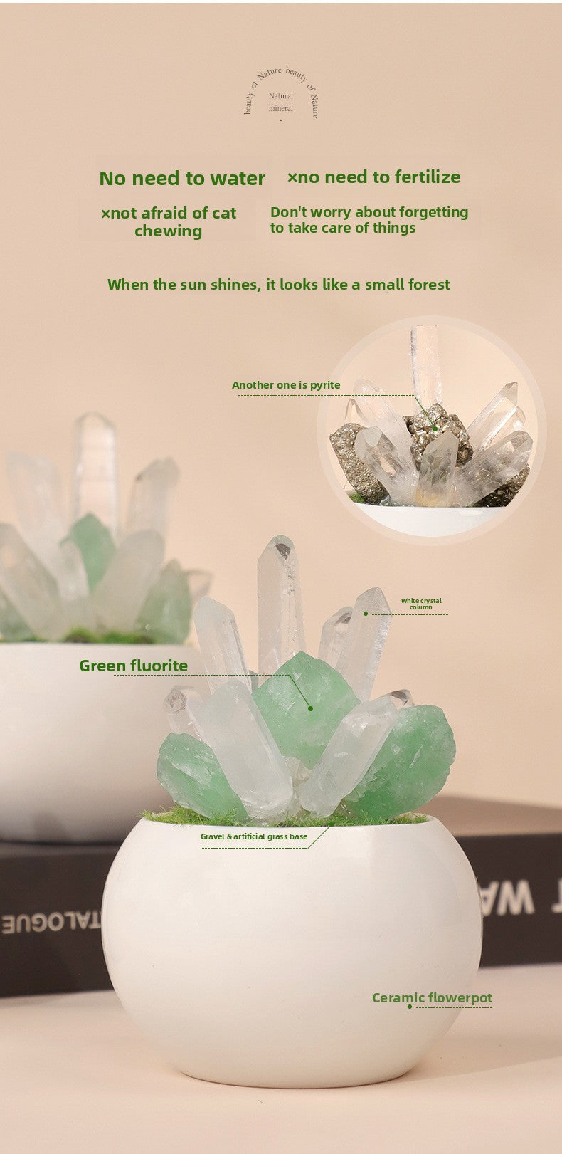 zensoullab Natural Crystal Raw Stone Mineral Potted Plant Artificial Crystal Column Fluorite Ornament Creative Desktop Aroma Stone Hot Sale