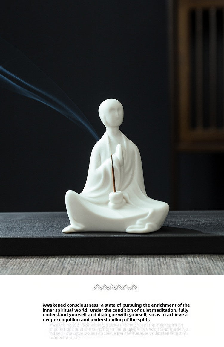 zensoullab Zen Ceramic Formless Buddha Chinese Style Living Room Tea Room Desktop Ornament White Porcelain Little Monk Fish Tank Bonsai Decoration Figurine