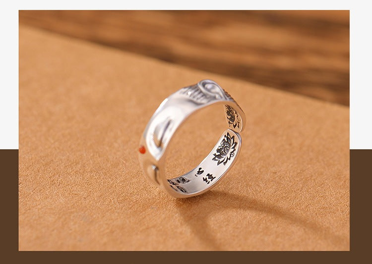 zensoullab Ethnic Style Buddha Silence Ring for Women, Niche Design Thai Silver Lotus Heart Sutra Guanyin Vintage Open Ring