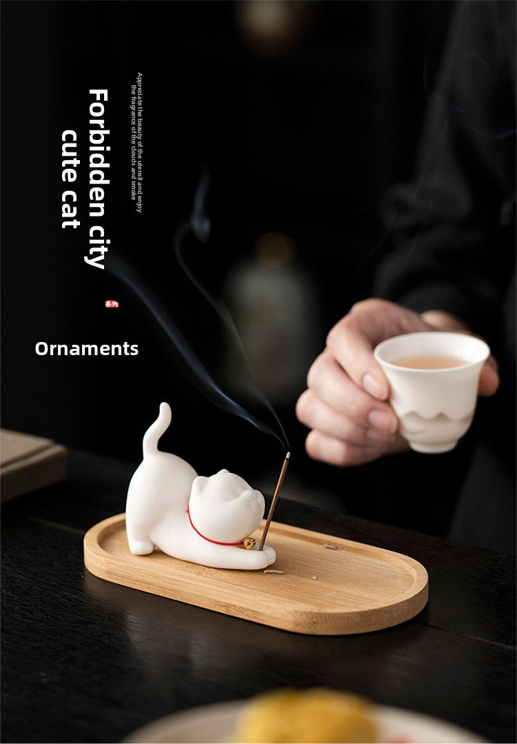 zensoullab Cute Forbidden City Kitten Ceramic Incense Holder Aromatherapy Burner Ornament Soft Healing Tea Table Tea Pet Indoor Incense Burner
