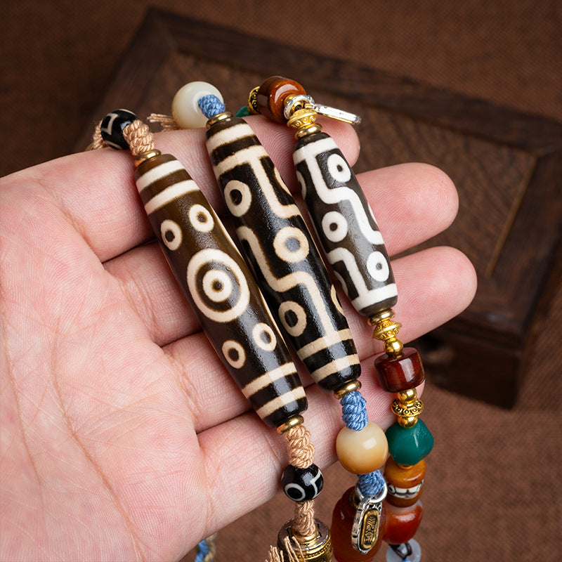 zensoullab Natural Tibetan Style Yellow Nine-Eyed Dzi Bead Necklace Multi-Totem Agate Pendant Couple Style Woven Necklace In Stock