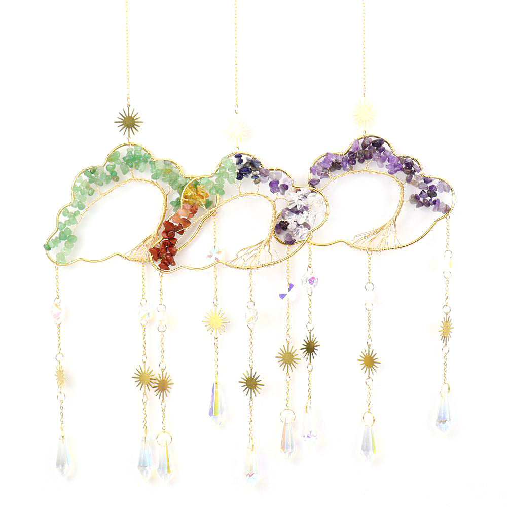 zensoullab Handmade Wire Wrapped Natural Crystal Crushed Stone Clouds Clouds Life Tree Sun Catcher Hanging Ornament Wind Chime Decoration T27