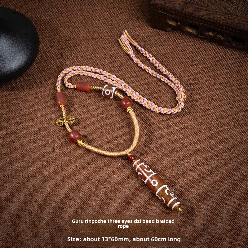 zensoullab Natural Tibetan Style Yellow Nine-Eyed Dzi Bead Necklace Multi-Totem Agate Pendant Couple Style Woven Necklace In Stock