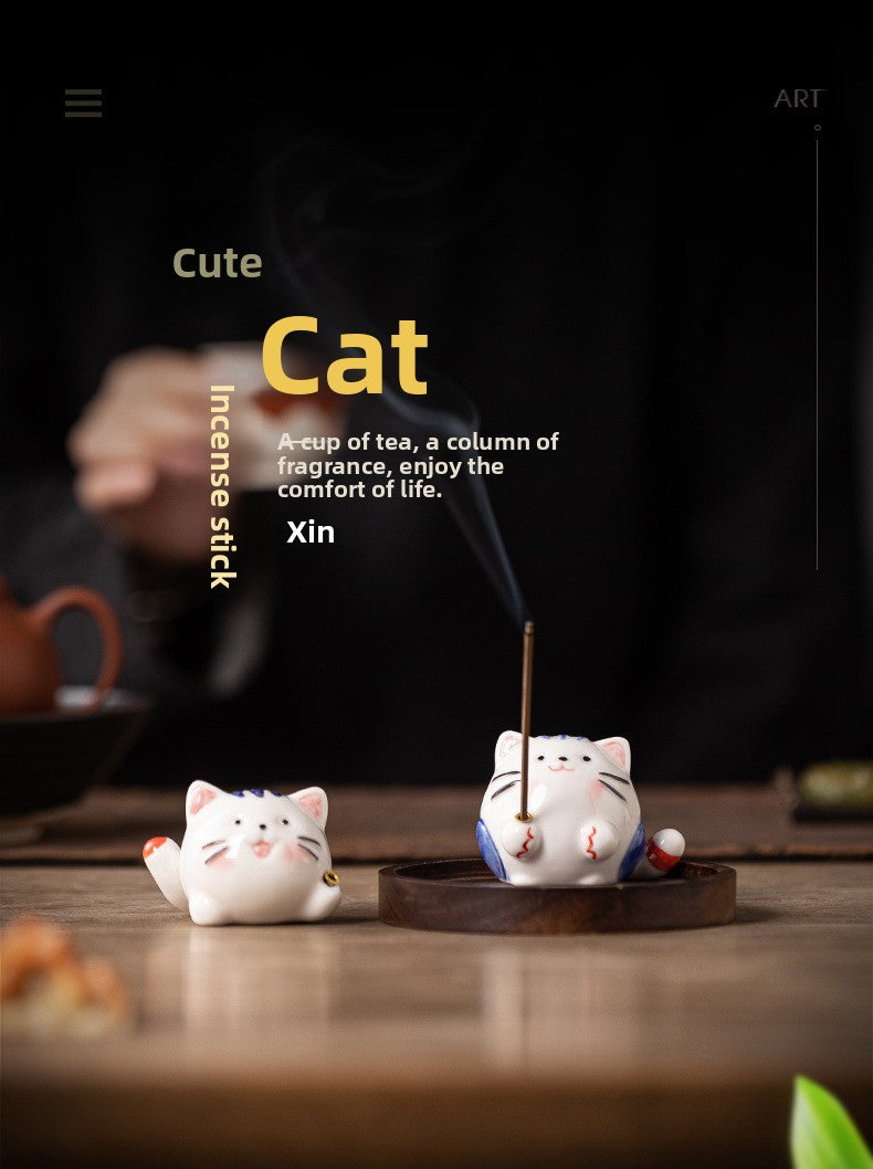 zensoullab Creative Ceramic Cute Little Cat Incense Holder Base Incense Tray Tea Room Tea Table Small Incense Burner Ornament Incense Burner