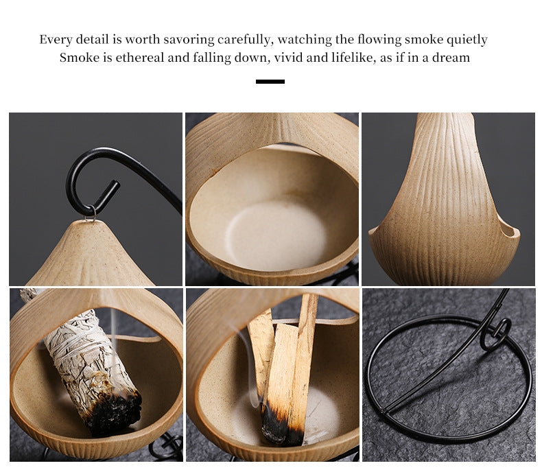 Iron Rack Hanging Basket Ceramic Incense Burner Creative Ceramic Sage Peruvian Wood Tray Home Indoor Atmosphere Ornament