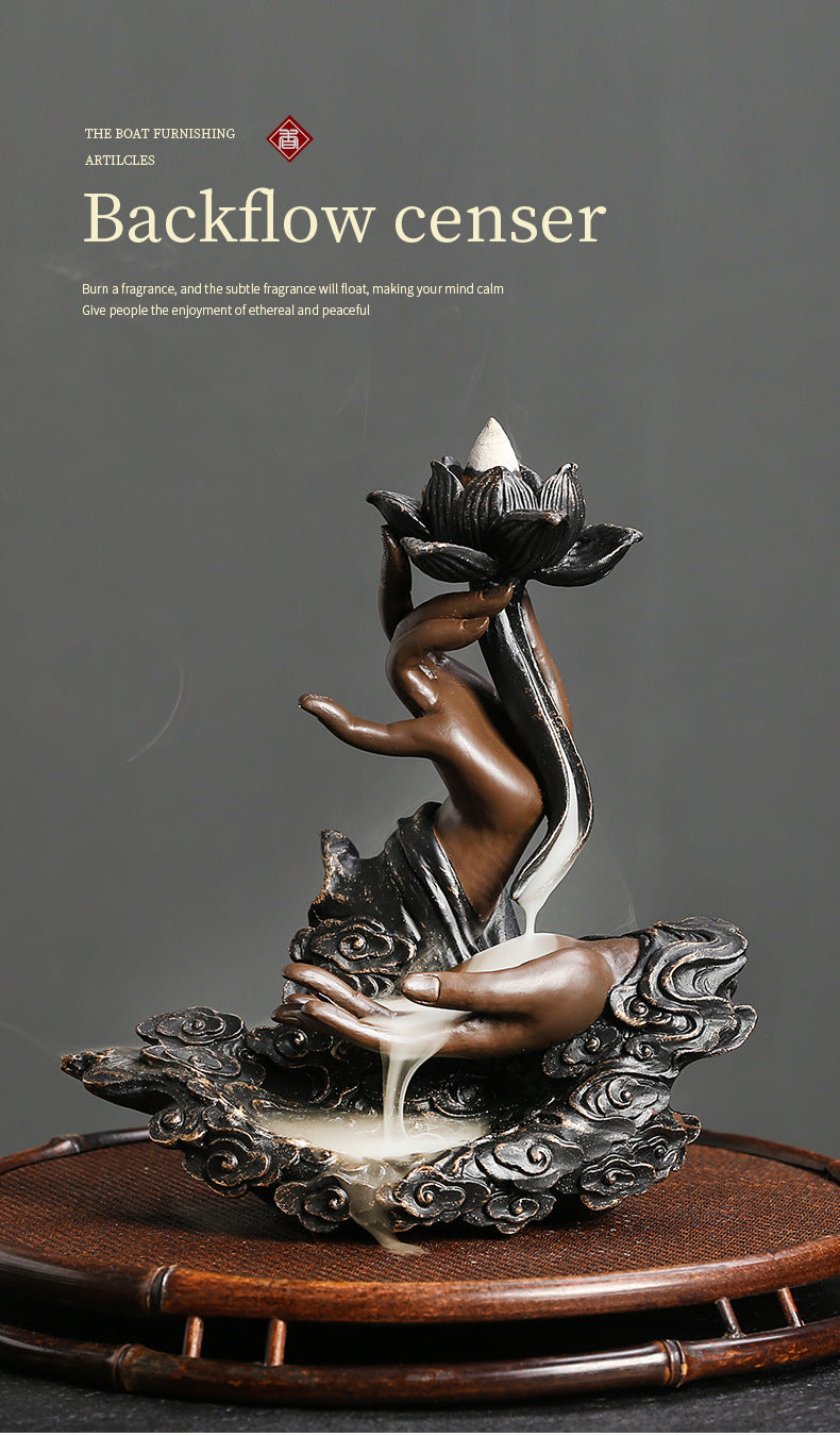 Resin Backflow Incense Burner Ornament Creative Lotus Zen Buddha Hand Backflow Incense Home Craft Decoration