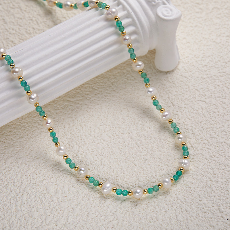 Zensoullab925 Sterling Silver Natural Pearl Green Chalcedony Colored Gems Necklace Women's High-Grade Sweet Personality Handmade Beaded