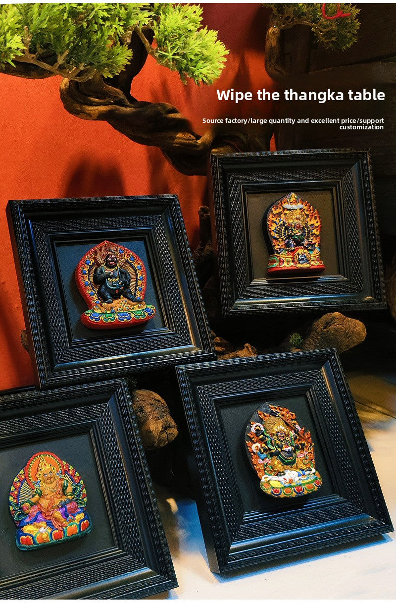 zensoullab Rubbing Table Hand-painted Thangka 3D Painted Table Decoration Great Wrath Yellow God of Wealth Mahakala Buddha Decoration Ornament