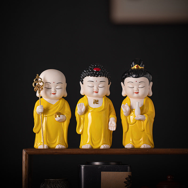 zensoullab Chinese Ceramic Three Saints Shakyamuni Guanyin Ksitigarbha Desktop Ornaments Creative Living Room Small Ornaments Home Decorations
