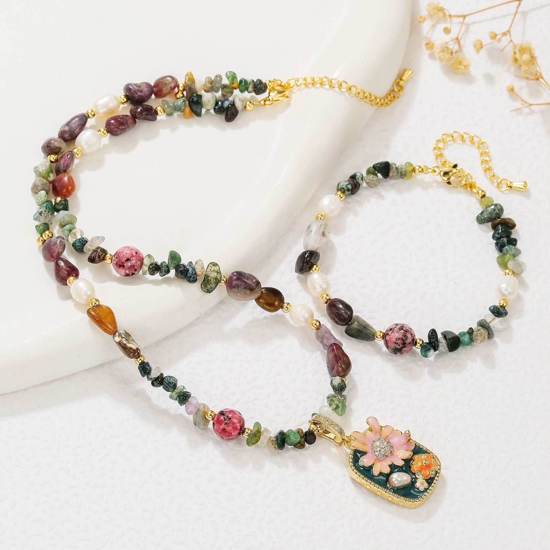 Zensoullab Freshwater Pearl Natural Stone Necklace Bracelet Maillard Tourmaline Agate Stone Beads String Sweater Chain