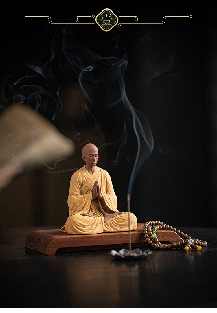 zensoullab Dust-Free Zen Little Monk Purple Clay Figurine Ceramic Figure Ancient Style Tea Room Display Stand Desktop Decoration