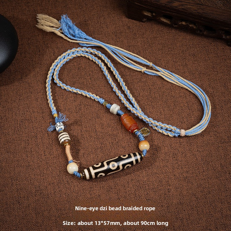 zensoullab Natural Tibetan Style Yellow Nine-Eyed Dzi Bead Necklace Multi-Totem Agate Pendant Couple Style Woven Necklace In Stock