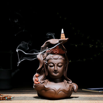 zensoullab Premium Large Ceramic Guanyin Buddha Statue Feng Shui Worship Buddha Hall Living Room Backflow Incense Burner Home Decor Ornament