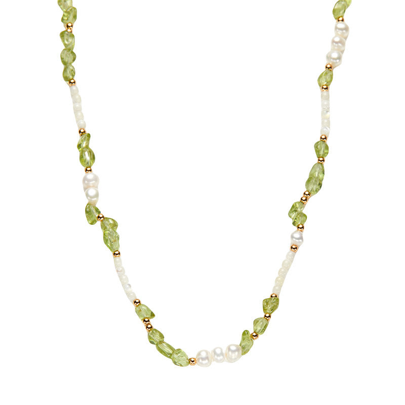 zensoullab S925 Sterling Silver Natural Peridot Pearl White Shell Gemstone Necklace for Women, Niche Sweet High-end Beaded Collarbone Chain