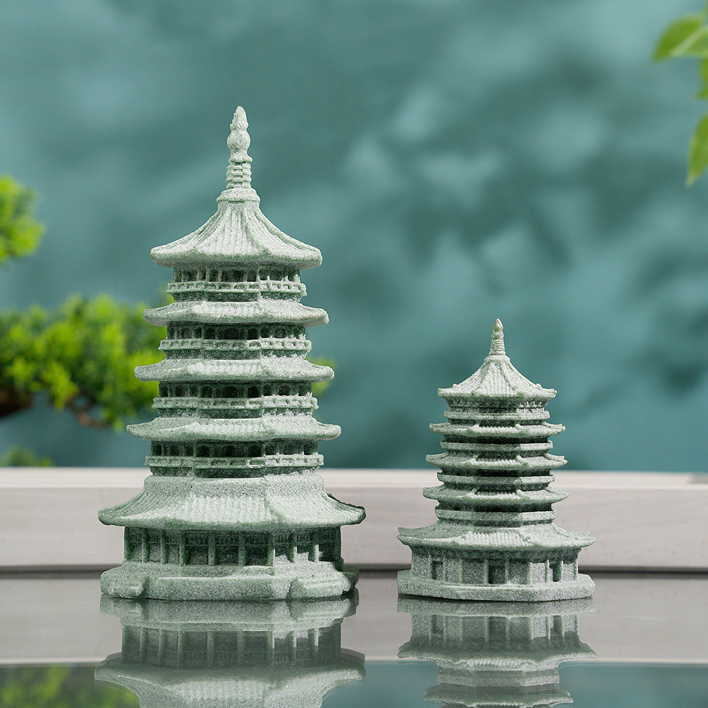 zensoullab Green Sandstone Lei Feng Pagoda Ornament Rockery Fish Tank Micro Landscape Aquascape Bonsai Flowing Water Decoration Ancient Style Home Decor