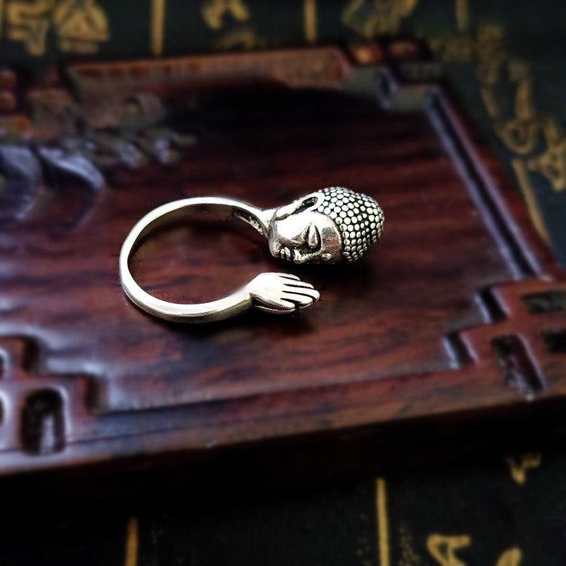 zensoullab Thailand Shakyamuni Buddha Head Palm Ring Niche Design Ethnic Style Personality Adjustable Ring for Men and Women