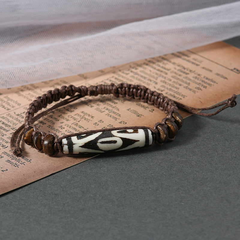 zensoullab Vintage Tibetan Style Ox Bone Dog Tooth Bracelet Carved Dzi Bead Yak Bone Ethnic Style Personality Unisex Bracelet Tourist Spot Jewelry